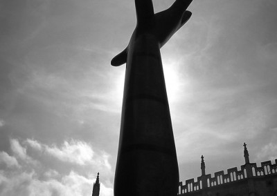 Giant hand sculpture at Gloucester Cathedral