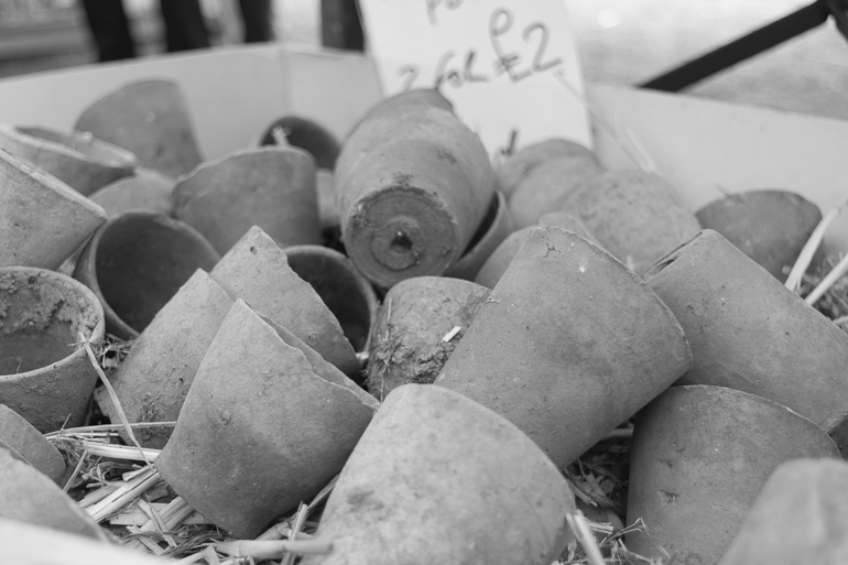 Close up of a box of clay pots at the Malvern Show 2016