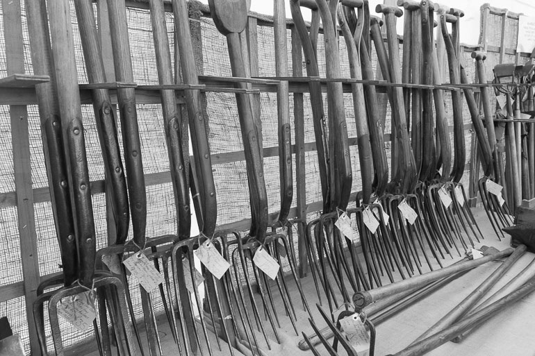 A selection of vintage garden forks and old tools at the Malvern Show 2016