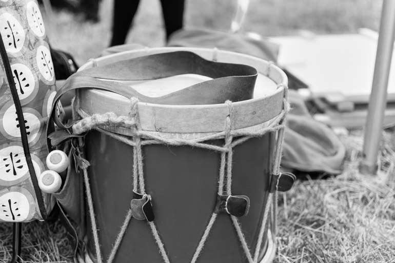 A drum awaits a Morris dance side at Priddy Folk Festival