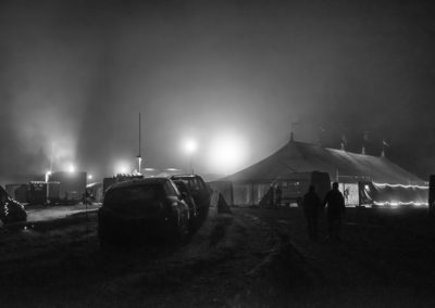 Outside Swildons marqee at Priddy Folk festival seen during a misty night