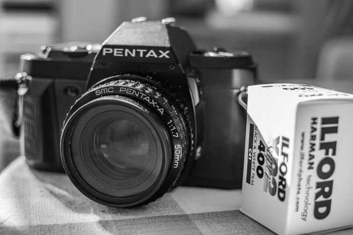 A Pentax P30n camera with Ilford film