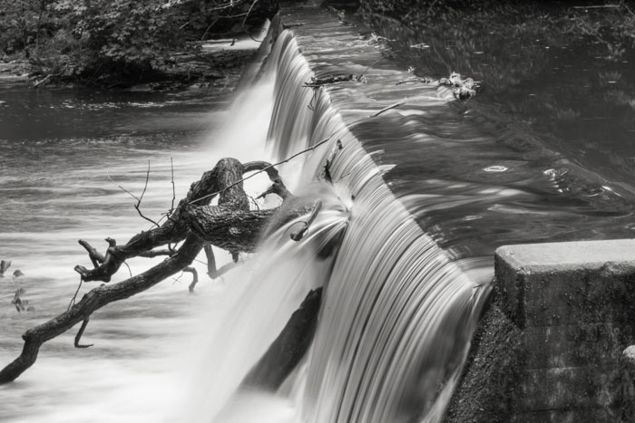 A wier at Snuff Mills after heavy overnight rain